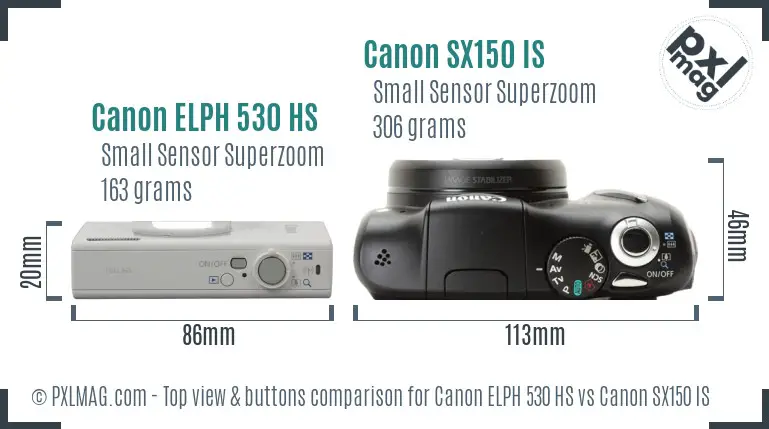 Canon ELPH 530 HS vs Canon SX150 IS top view buttons comparison