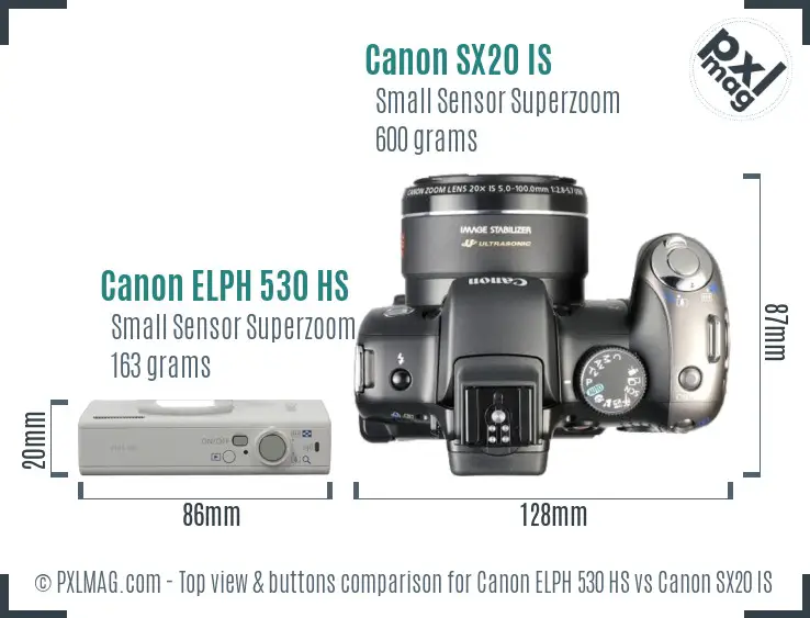 Canon ELPH 530 HS vs Canon SX20 IS top view buttons comparison