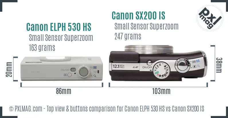 Canon ELPH 530 HS vs Canon SX200 IS top view buttons comparison