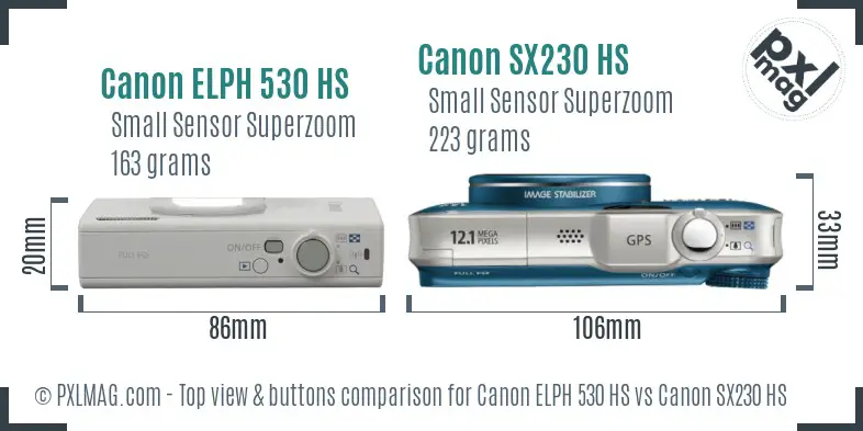 Canon ELPH 530 HS vs Canon SX230 HS top view buttons comparison Canon ELPH 530 HS vs Canon SX230 HS top view buttons comparison