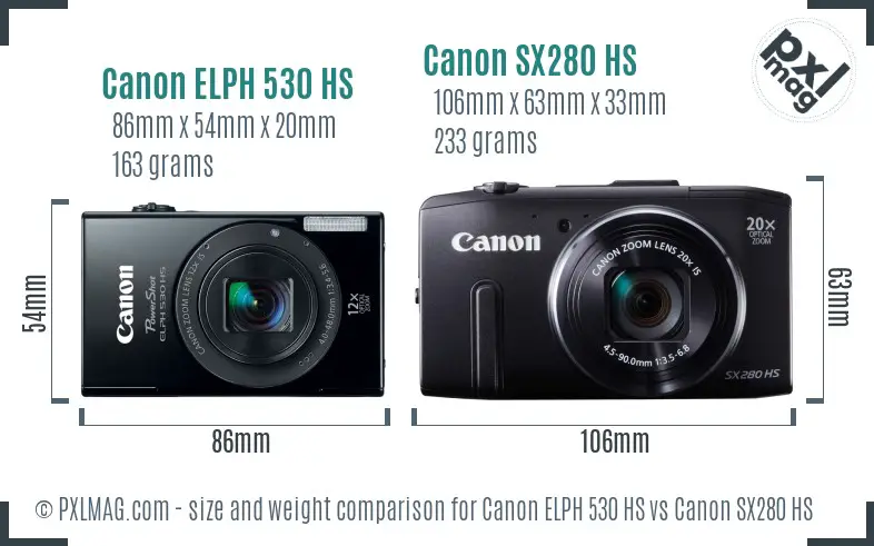 Canon ELPH 530 HS vs Canon SX280 HS size comparison