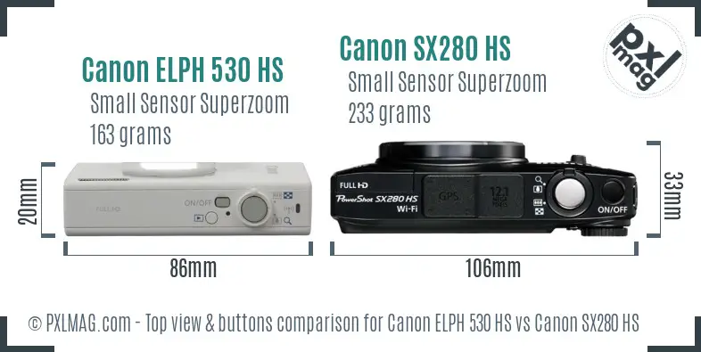Canon ELPH 530 HS vs Canon SX280 HS top view buttons comparison