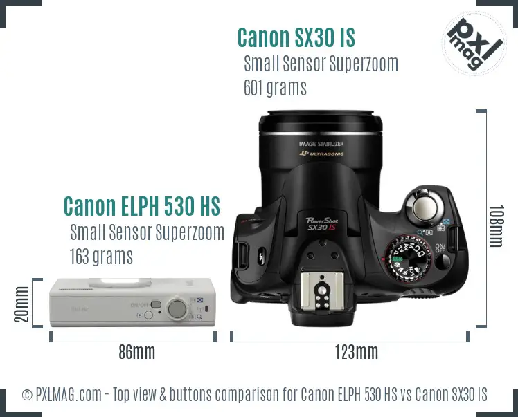 Canon ELPH 530 HS vs Canon SX30 IS top view buttons comparison