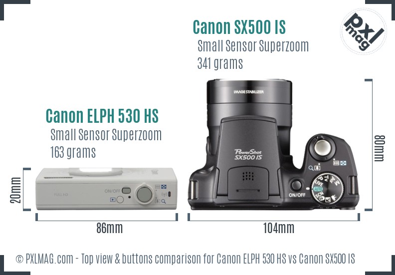 Canon ELPH 530 HS vs Canon SX500 IS top view buttons comparison