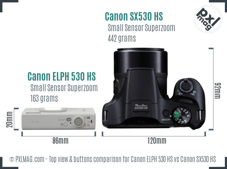Canon ELPH 530 HS vs Canon SX530 HS top view buttons comparison