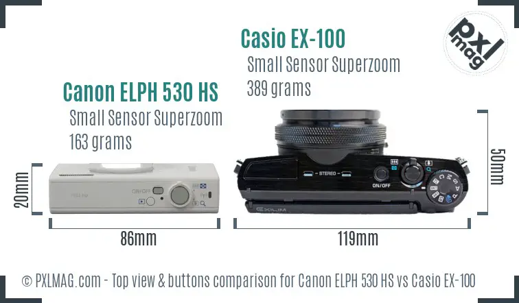 Canon ELPH 530 HS vs Casio EX-100 top view buttons comparison Canon ELPH 530 HS vs Casio EX-100 top view buttons comparison
