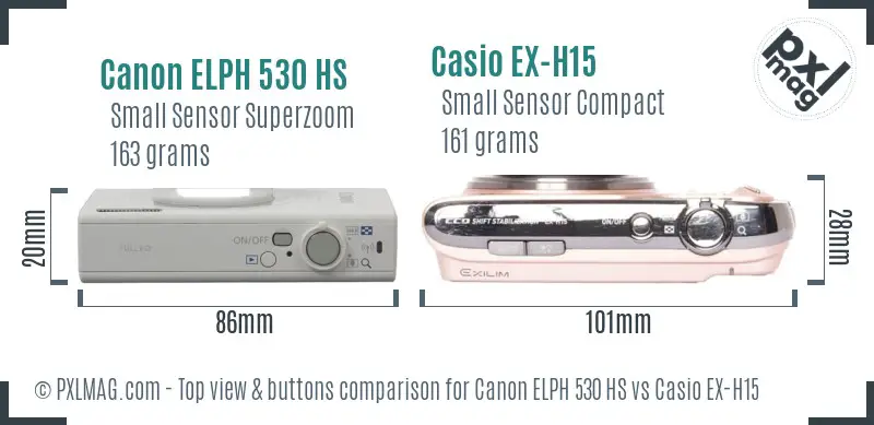 Canon ELPH 530 HS vs Casio EX-H15 top view buttons comparison