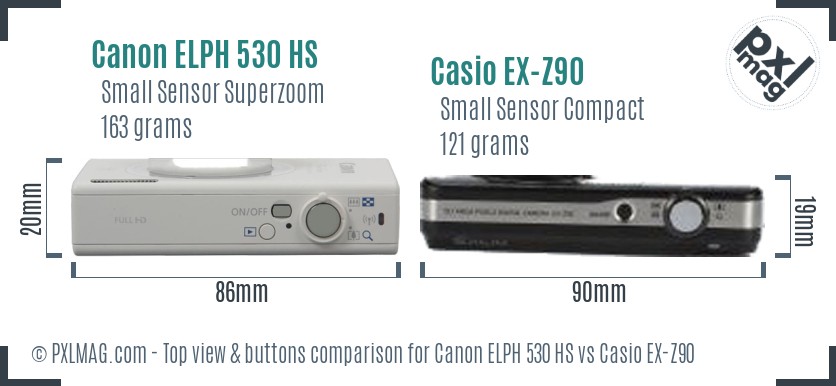 Canon ELPH 530 HS vs Casio EX-Z90 top view buttons comparison