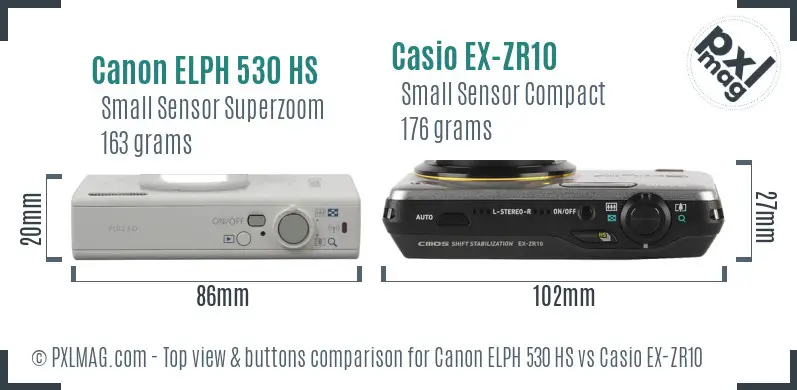 Canon ELPH 530 HS vs Casio EX-ZR10 top view buttons comparison Canon ELPH 530 HS vs Casio EX-ZR10 top view buttons comparison