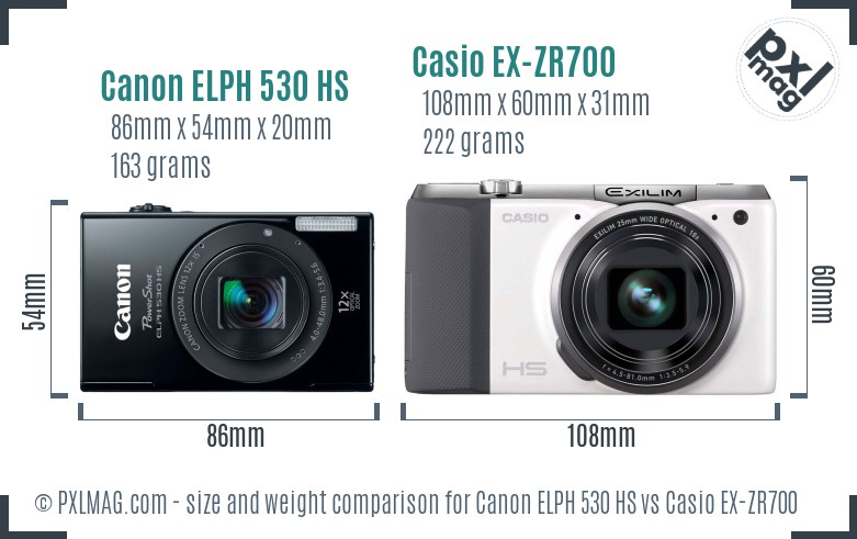 Canon ELPH 530 HS vs Casio EX-ZR700 size comparison Canon ELPH 530 HS vs Casio EX-ZR700 size comparison