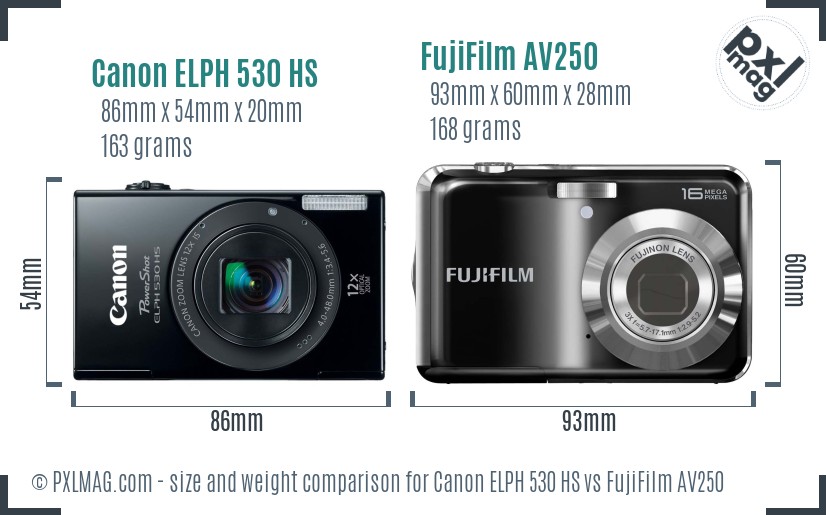 Canon ELPH 530 HS vs FujiFilm AV250 size comparison