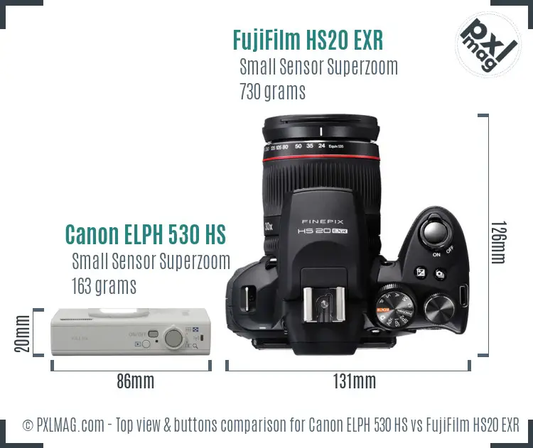 Canon ELPH 530 HS vs FujiFilm HS20 EXR top view buttons comparison Canon ELPH 530 HS vs FujiFilm HS20 EXR top view buttons comparison
