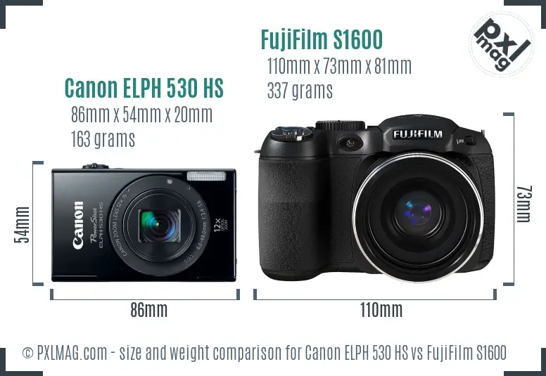 Canon ELPH 530 HS vs FujiFilm S1600 size comparison