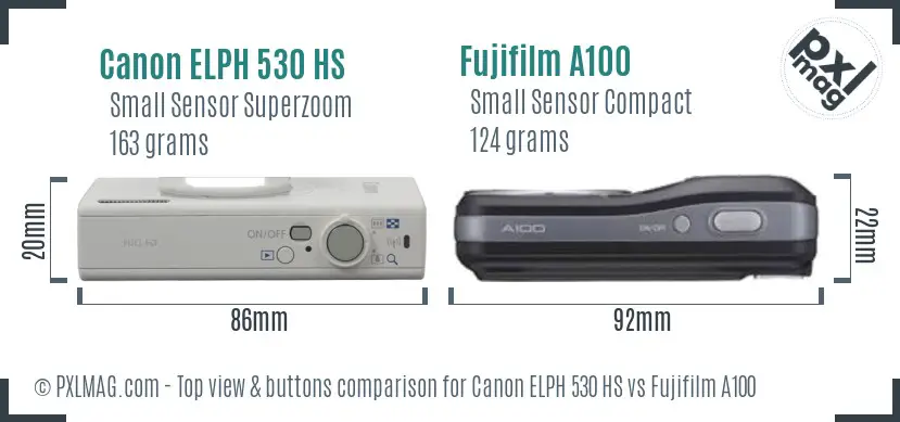 Canon ELPH 530 HS vs Fujifilm A100 top view buttons comparison Canon ELPH 530 HS vs Fujifilm A100 top view buttons comparison