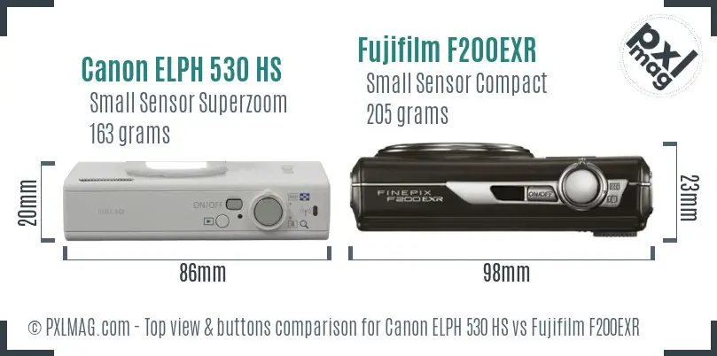 Canon ELPH 530 HS vs Fujifilm F200EXR top view buttons comparison Canon ELPH 530 HS vs Fujifilm F200EXR top view buttons comparison