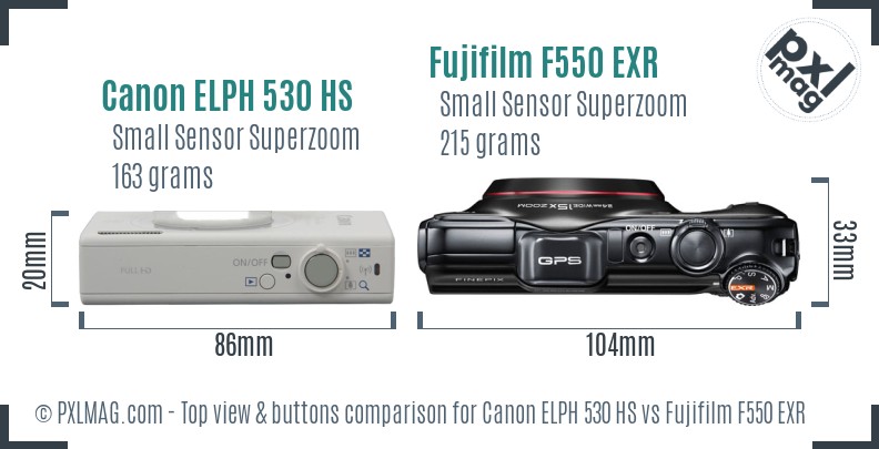 Canon ELPH 530 HS vs Fujifilm F550 EXR top view buttons comparison
