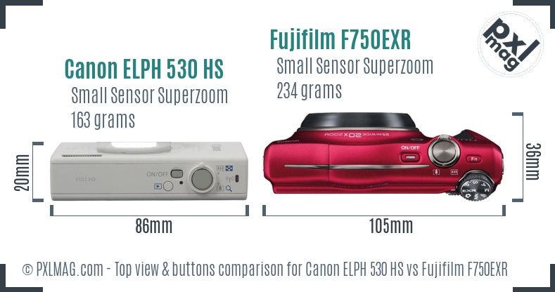 Canon ELPH 530 HS vs Fujifilm F750EXR top view buttons comparison