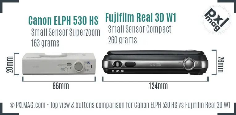 Canon ELPH 530 HS vs Fujifilm Real 3D W1 top view buttons comparison