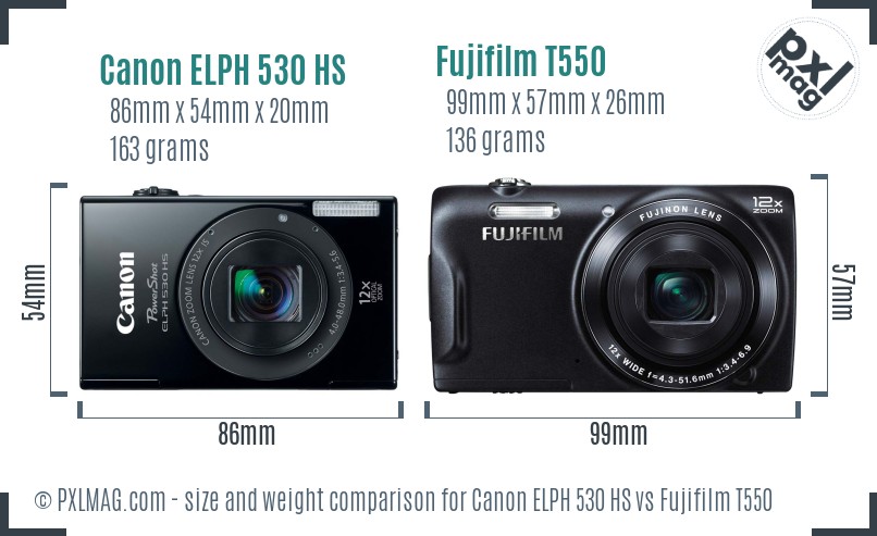 Canon ELPH 530 HS vs Fujifilm T550 size comparison