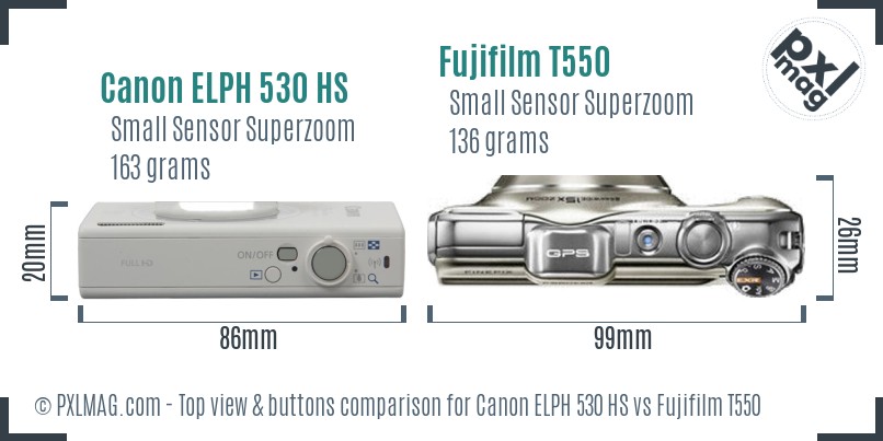 Canon ELPH 530 HS vs Fujifilm T550 top view buttons comparison