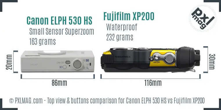 Canon ELPH 530 HS vs Fujifilm XP200 top view buttons comparison Canon ELPH 530 HS vs Fujifilm XP200 top view buttons comparison