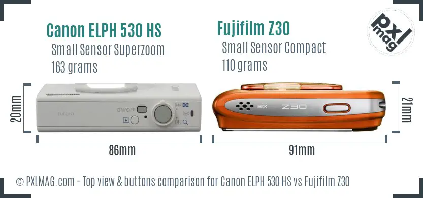 Canon ELPH 530 HS vs Fujifilm Z30 top view buttons comparison