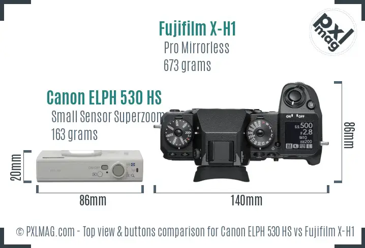 Canon ELPH 530 HS vs Fujifilm X-H1 top view buttons comparison