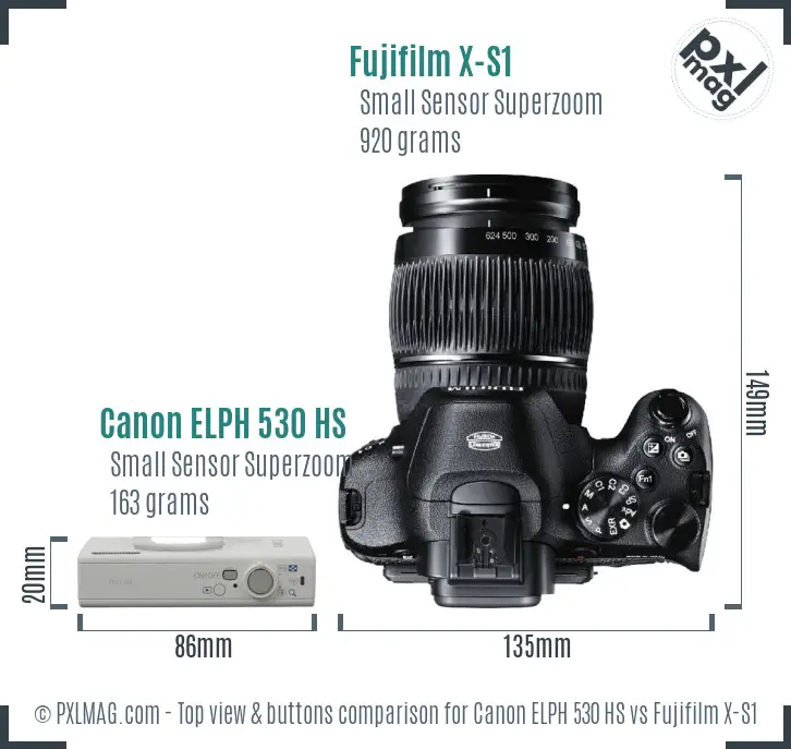 Canon ELPH 530 HS vs Fujifilm X-S1 top view buttons comparison