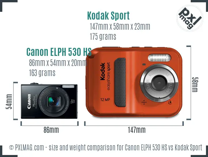 Canon ELPH 530 HS vs Kodak Sport size comparison