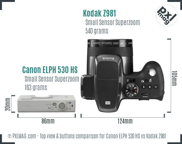 Canon ELPH 530 HS vs Kodak Z981 top view buttons comparison