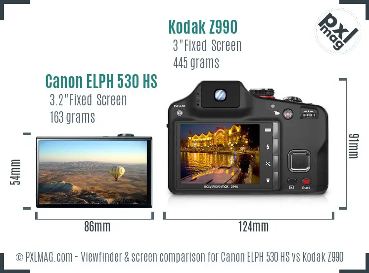 Canon ELPH 530 HS vs Kodak Z990 Screen and Viewfinder comparison