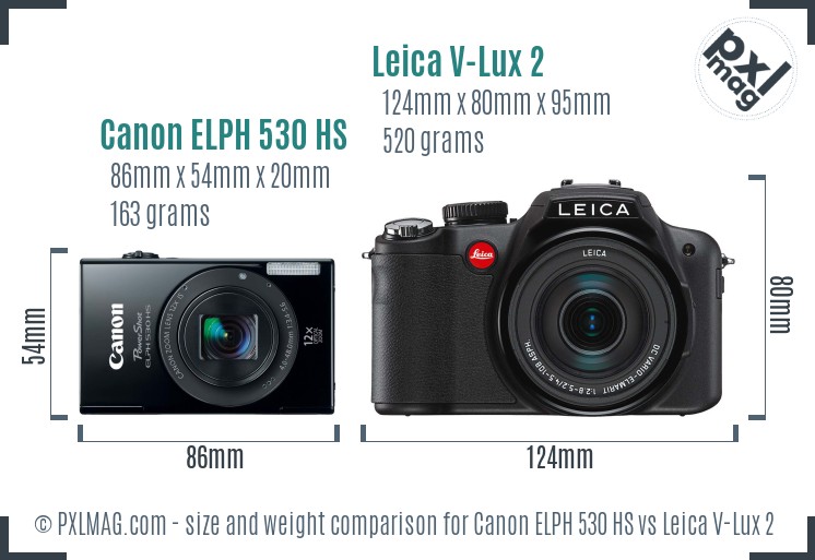 Canon ELPH 530 HS vs Leica V-Lux 2 size comparison Canon ELPH 530 HS vs Leica V-Lux 2 size comparison