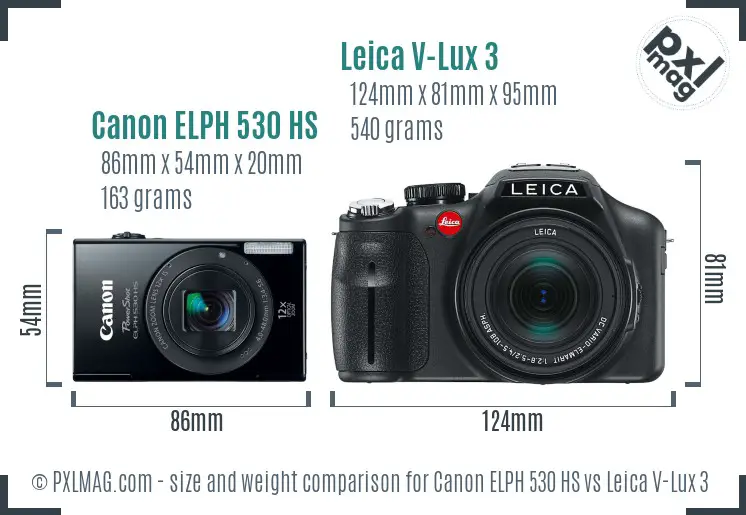 Canon ELPH 530 HS vs Leica V-Lux 3 size comparison Canon ELPH 530 HS vs Leica V-Lux 3 size comparison