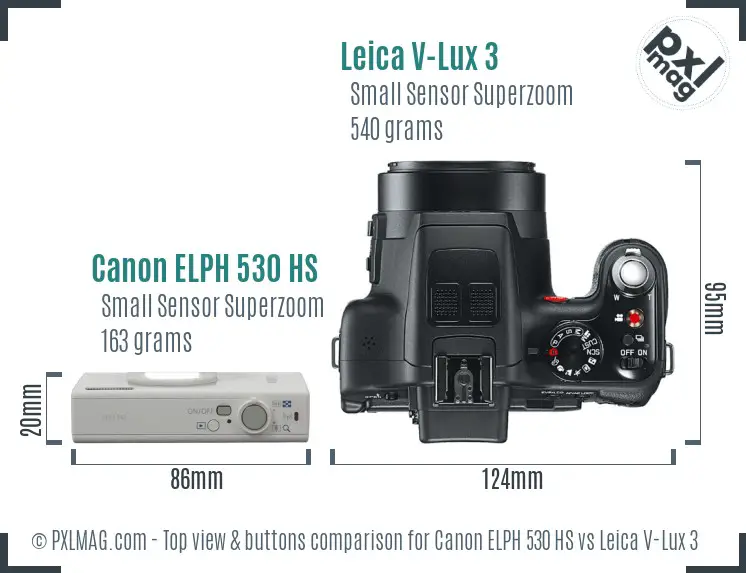 Canon ELPH 530 HS vs Leica V-Lux 3 top view buttons comparison Canon ELPH 530 HS vs Leica V-Lux 3 top view buttons comparison