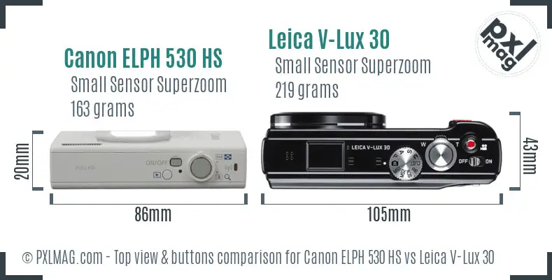 Canon ELPH 530 HS vs Leica V-Lux 30 top view buttons comparison Canon ELPH 530 HS vs Leica V-Lux 30 top view buttons comparison