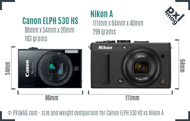 Canon ELPH 530 HS vs Nikon A size comparison