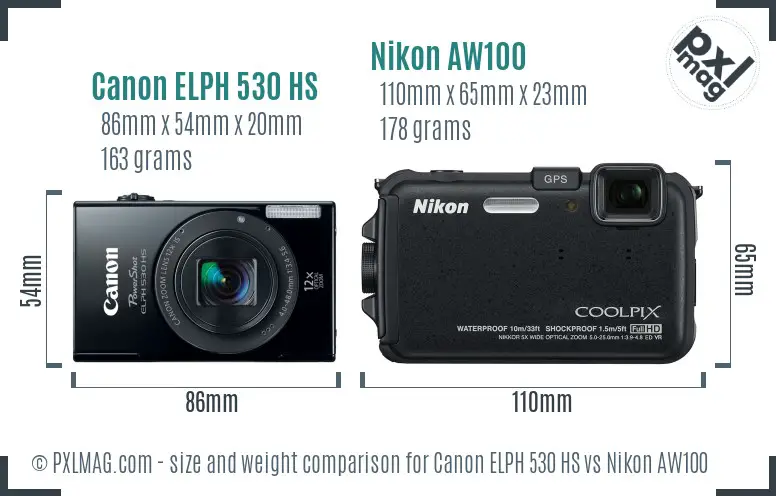 Canon ELPH 530 HS vs Nikon AW100 size comparison