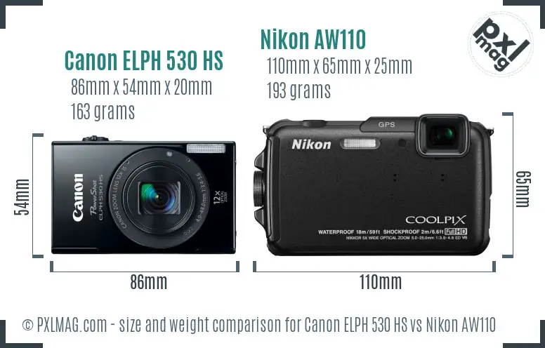 Canon ELPH 530 HS vs Nikon AW110 size comparison