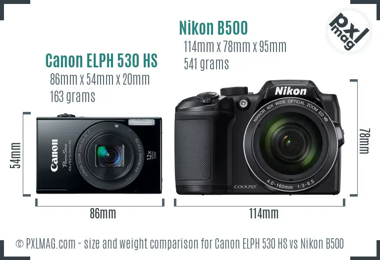 Canon ELPH 530 HS vs Nikon B500 size comparison