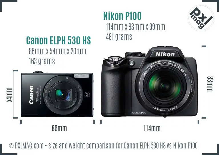 Canon ELPH 530 HS vs Nikon P100 size comparison