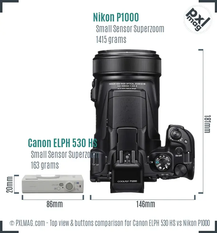 Canon ELPH 530 HS vs Nikon P1000 top view buttons comparison Canon ELPH 530 HS vs Nikon P1000 top view buttons comparison