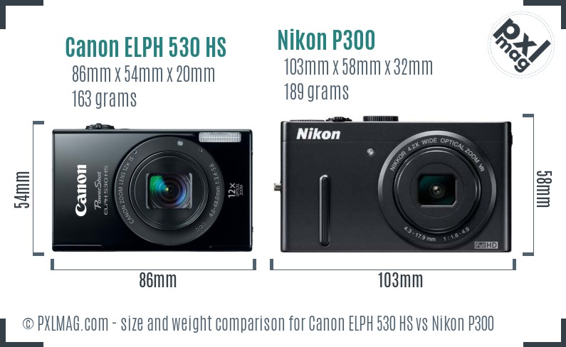 Canon ELPH 530 HS vs Nikon P300 size comparison