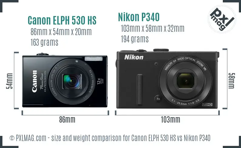 Canon ELPH 530 HS vs Nikon P340 size comparison Canon ELPH 530 HS vs Nikon P340 size comparison