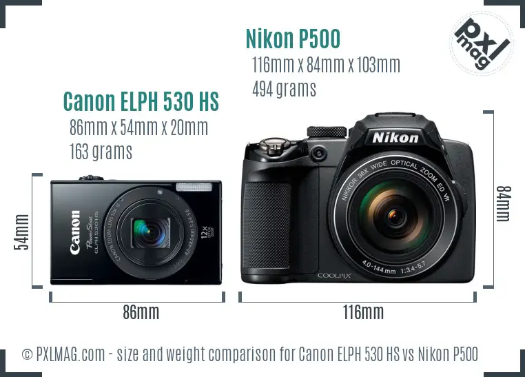 Canon ELPH 530 HS vs Nikon P500 size comparison