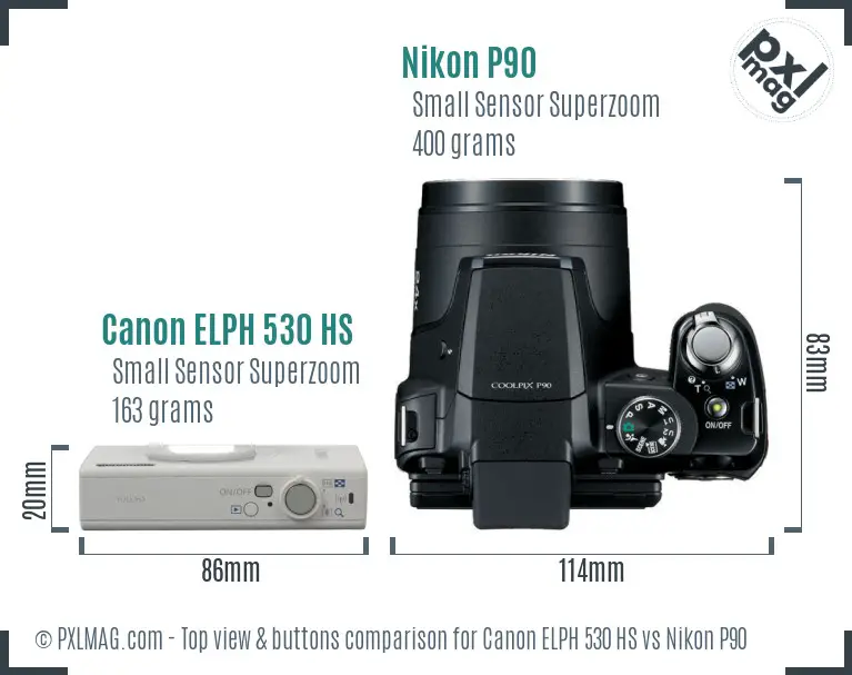 Canon ELPH 530 HS vs Nikon P90 top view buttons comparison