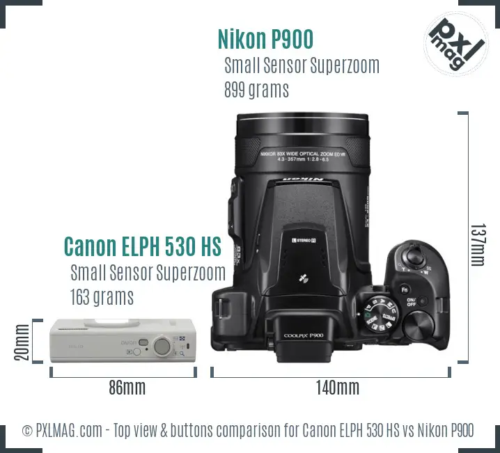 Canon ELPH 530 HS vs Nikon P900 top view buttons comparison