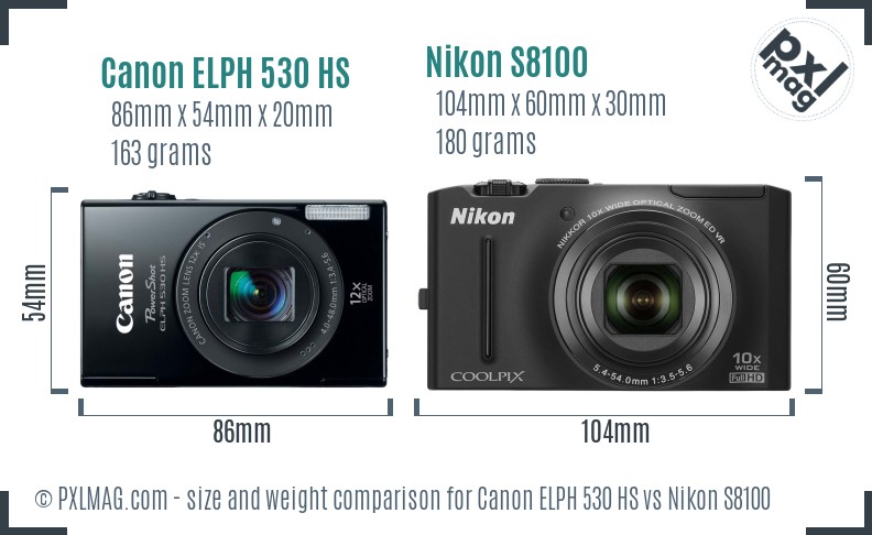 Canon ELPH 530 HS vs Nikon S8100 size comparison