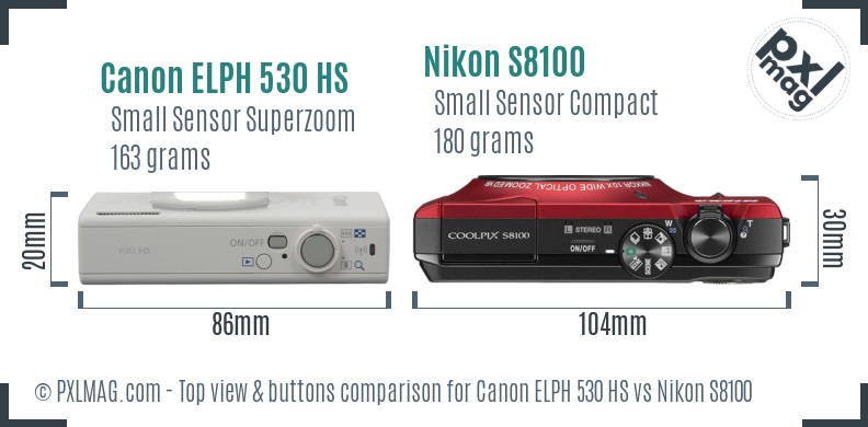 Canon ELPH 530 HS vs Nikon S8100 top view buttons comparison