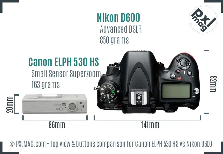 Canon ELPH 530 HS vs Nikon D600 top view buttons comparison
