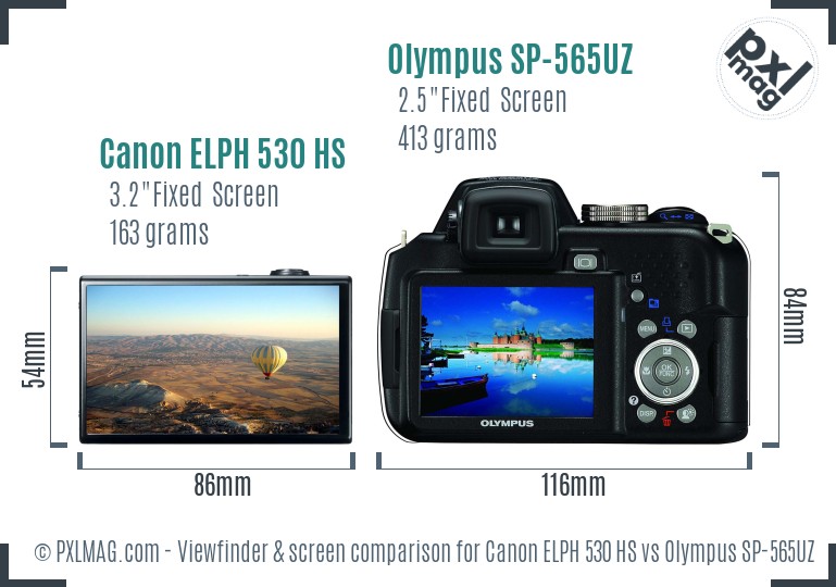 Canon ELPH 530 HS vs Olympus SP-565UZ Screen and Viewfinder comparison